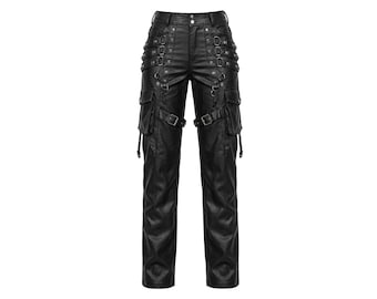 Herren Schwarz Leder Cargohose - Gothic Punk Biker Hose, Cyberpunk Grunge Style