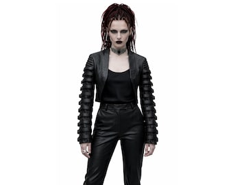 Frauen Gothic Punk Schwarz Cropped Lederjacke mit Schnallenverschluss Ärmeln Festival Outfit