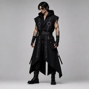 May include: A black sleeveless hooded vest featuring a long, asymmetrical hemline and intricate purple geometric embroidery along the front panels. The garment includes a wide waist belt with a buckle, side pockets, and straps, worn over a black shirt.