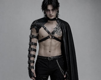 Herren Leder Brust Harness Schwarz Gothic Vampir Cape Outfit Cyberpunk Kleidung Rave Festival Body Harness