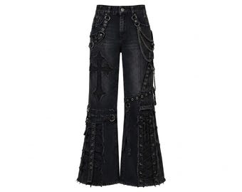 Women Gothic Wide Leg Cargo Jeans | Y2K Baggy Punk Pants | Black Denim Grunge Streetwear