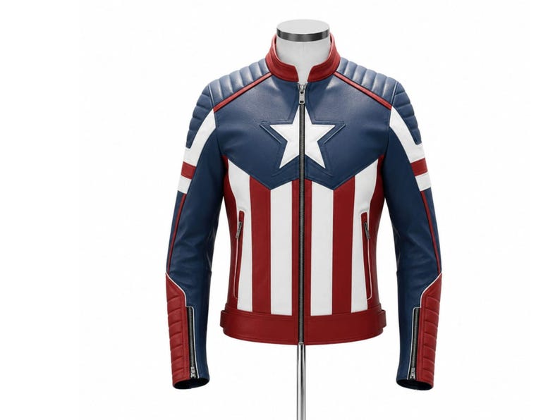 Puede incluir: Chaqueta de cuero azul, blanca y roja con un emblema de estrella en el pecho. La chaqueta tiene un cuello alzado, cierre de cremallera y un dise&ntilde;o inspirado en un superh&eacute;roe. La chaqueta presenta un dise&ntilde;o de hombro acolchado y rayas rojas y blancas.