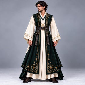Medeltida trollkarlsrock för män, grön elfenbensfärgad fantasydräkt, renässansmagikermantel, Celestial Druid LARP-dräkt, Warlock-cosplaydräkt