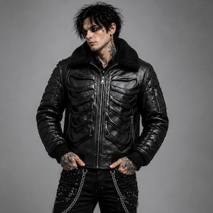 Puede incluir: Una chaqueta bomber negra con un diseño de caja torácica en relieve en la parte delantera, cuello de piel sintética negra, cierre de cremallera central y puños acanalados. Las mangas tienen una textura acolchada y un acabado estructurado.