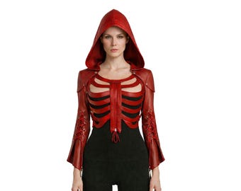 Frauen rote Lederjacke mit Kapuze und Rippenkäfig-Design - Kultiger Modestil