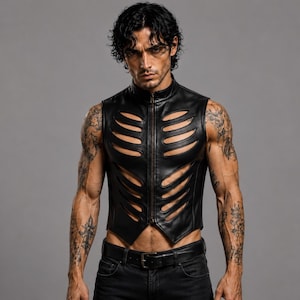 Colete de couro masculino estilo gótico com estampa de costelas de esqueleto para rave | Roupa punk cyberpunk para festivais