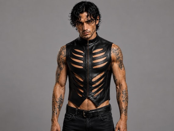 Men's leather shoulder harness  Men Gothic Skeleton Rib Cage  Leather Vest Rave Outfit | mens fashion accessories holiday outfits