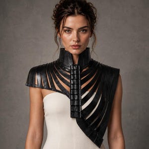 May include: A black leather cage-style collar piece featuring vertical strips and a central vertical buckle closure, worn over a strapless white garment. The structured accessory covers the shoulders and upper chest with a skeletal design.