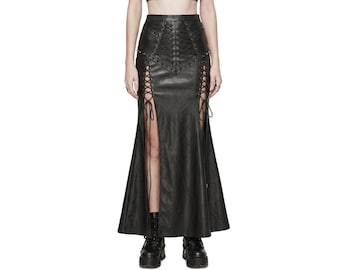 Frauen Schwarz Leder Gothic Maxi Rock Schnüren Punk Viktorianischen Cyber Goth Look
