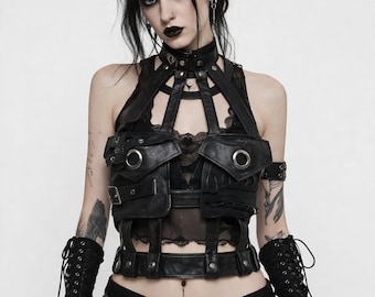 Gothic Leder Chest Rig Cyberpunk 2077 Style Alt Kleidung für Konzerte & Raves