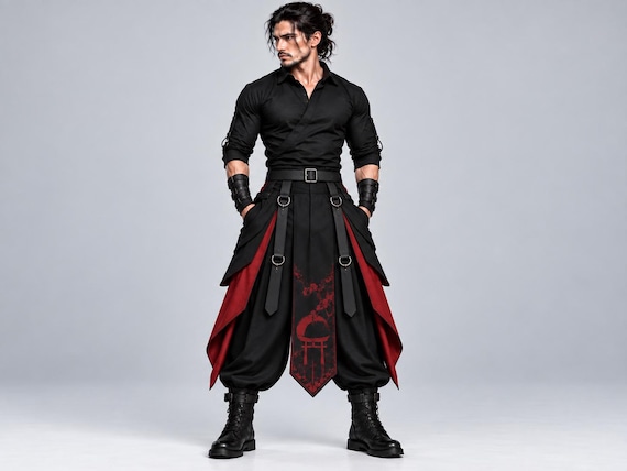 Mens Gothic Hakama Pants, Samurai Harem Trousers, Black Red Cyberpunk Techwear, Ninja Festival Baggy Wide Leg Alternative Pants Men