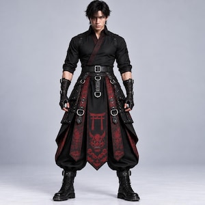 May include: A black long-sleeved shirt with a wrap-style collar, paired with black trousers featuring a red printed apron panel. The apron displays a red torii gate and a demon mask graphic. The outfit includes a black belt, fingerless gloves, and boots.