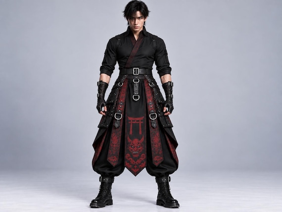 Mens Gothic Hakama Pants, Samurai Harem Trousers, Black Red Cyberpunk Techwear, Ninja Rave Festival Baggy Alternative Pants Men