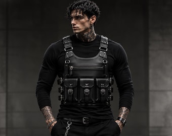 Chaleco utilitario de estilo técnico negro para hombre / Chaleco táctico de combate / Chaleco con bolsillos cargo para festivales / Estilo punk y streetwear gótico