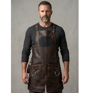 Könnte beinhalten: Braune Lederschürze mit mehreren Taschen, Metallringen und verstellbaren Trägern. Die Schürze hat eine dunkelbraune Farbe mit einem schwarzen quadratischen Aufnäher auf der Brust. Für Arbeits- oder Bastelaktivitäten.