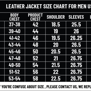 Puede incluir: Una tabla de tallas de chaqueta de cuero para EE. UU. con columnas para tallas de XS a 5XL, pecho corporal, pecho del producto, hombros, mangas y medidas de longitud en pulgadas. Incluye la nota: IF YOU'RE CONFUSE ABOUT SIZE, PLEASE CONTACT US, WE REPLY FAST.