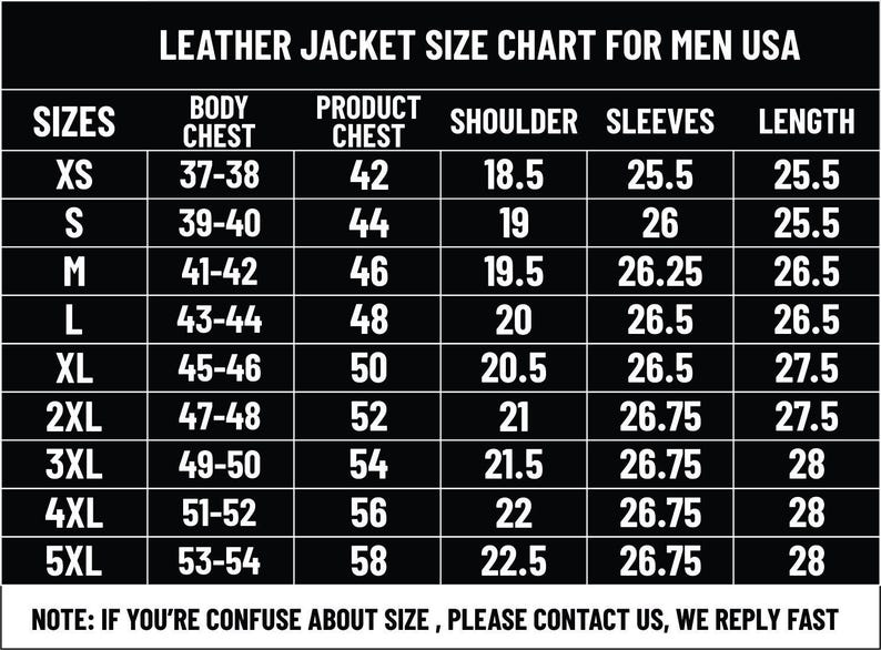 Puede incluir: Una tabla de tallas de chaqueta de cuero para EE. UU. con columnas para tallas de XS a 5XL, pecho corporal, pecho del producto, hombros, mangas y medidas de longitud en pulgadas. Incluye la nota: IF YOU'RE CONFUSE ABOUT SIZE, PLEASE CONTACT US, WE REPLY FAST.
