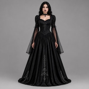 黒のゴシックコルセットマキシドレス｜ヴィクトリア朝ルネッサンス魔女風ガウン