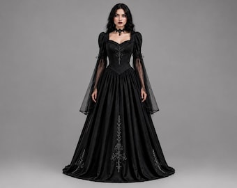 Gothic Black Dress, Victorian Gothic Gown, Witch Dress for Women, Vampire Costume, Medieval Fantasy Dress, Halloween Gothic Wedding Gown