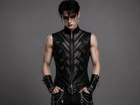 Men Gothic Leather Vest Cyberpunk & Dark wear Fashion Rave Festival Cosplay Outfit Alternative Fashion