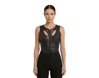 Frauen Schwarz Gothic Leder Korsett Top Brust & Body Harness Alternative Mode