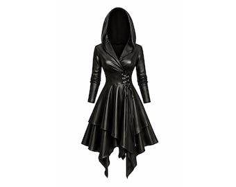 Schwarzes Kapuzen-Vegan-Lederkleid | Asymmetrisches Renaissance Korsett Kleid Schnüren