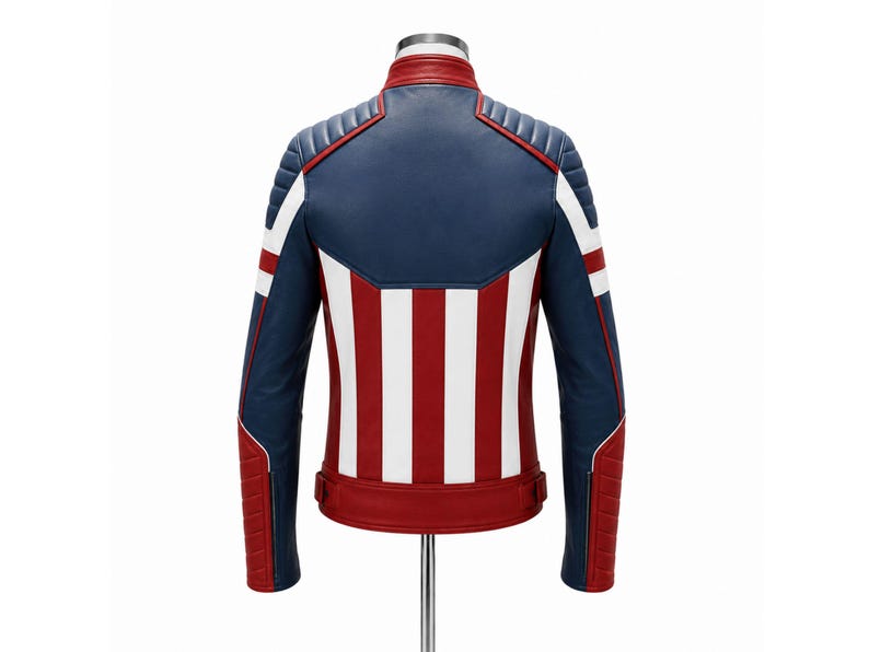 Puede incluir: Chaqueta de cuero con dise&ntilde;o patri&oacute;tico. La parte trasera de la chaqueta presenta una secci&oacute;n superior azul con rayas blancas y detalles rojos. Las mangas son azules con rayas blancas y detalles rojos. La chaqueta se exhibe en un soporte met&aacute;lico.