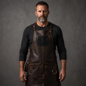 Handgefertigte Braune Leder Arbeitsschürze für Herren mit Taschen - Verstellbare Handwerker Schürze