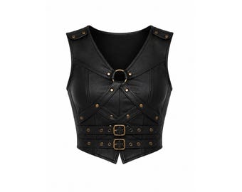 Schwarzes Leder Bustier Harness Crop Top - Gothic Punk Rave Outfit