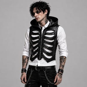 May include: A black sleeveless vest featuring a hood and a ribcage-inspired cutout design on the front. The vest is worn over a crisp white button-down shirt, paired with black trousers that include a belt and silver-toned metal chain accents.