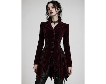 Frauen Burgund Samt Langer Mantel Viktorianisch Steampunk Winter Outfit für Alternative Mode