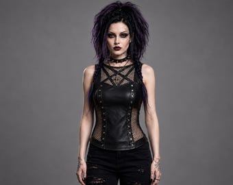 Top sin mangas de corsé de cuero gótico de mujer, ropa gótica, atuendo alternativo rave grunge.