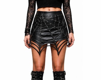 Schwarzer Leder Spinnennetz Mini Rock - Gothic Punk Harness Rock für Cyber Goth Rave