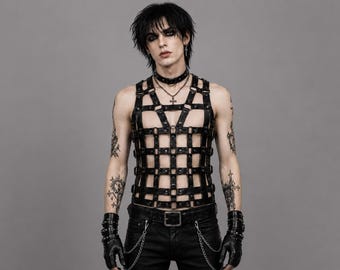 Men Black Leather Chest Harness Gothic Punk Rave Outfit Y2K Cyberpunk Style