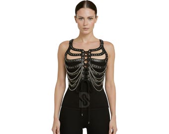 Gothic Skelett Brustkorb Harness für Frauen Cyberpunk Echtleder Festival Outfit