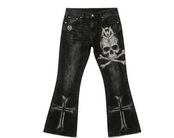 Men Gothic Flare Jeans Black Acid Wash Skull Denim Pants Y2K Alternative Clothing