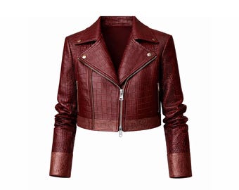 Chaqueta de motociclista de piel con efecto cocodrilo rojo para mujer: un regalo de moda y de lujo.