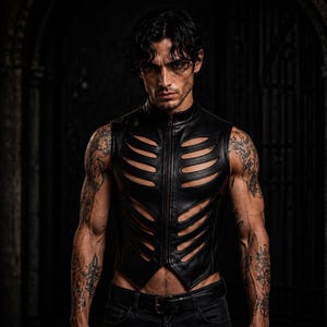 May include: A black sleeveless vest made of leather-like material featuring a front zipper closure and horizontal cut-out details across the chest and torso that resemble a rib cage structure, worn over dark pants with a black belt.