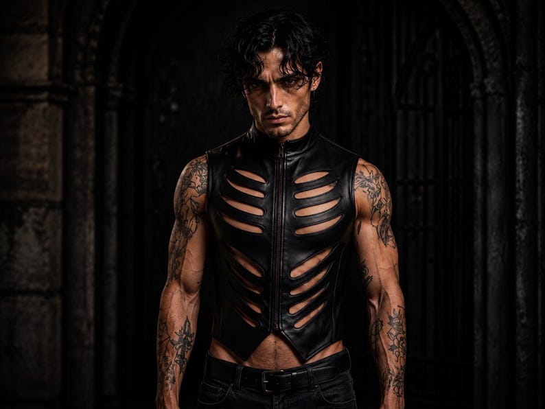 May include: A black sleeveless vest made of leather-like material featuring a front zipper closure and horizontal cut-out details across the chest and torso that resemble a rib cage structure, worn over dark pants with a black belt.