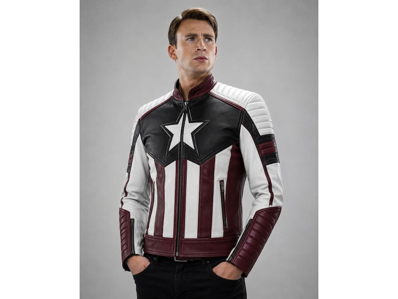 Puede incluir: Chaqueta de cuero con un emblema de estrella y una combinaci&oacute;n de colores blanco, negro y burdeos. La chaqueta tiene una cremallera completa, un cuello alzado y rayas verticales burdeos. Las mangas tienen un dise&ntilde;o acolchado.