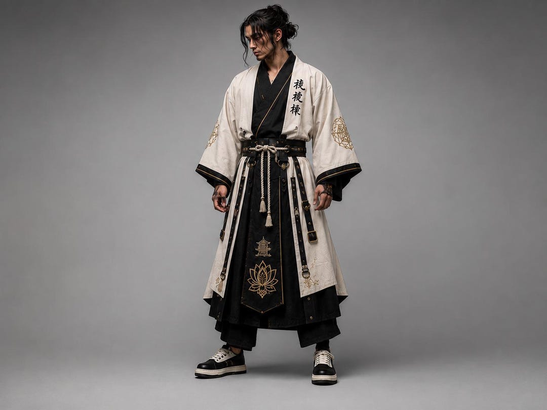 Men’s Black Gothic Kimono Robe, Samurai Inspired Cyberpunk Warrior ...