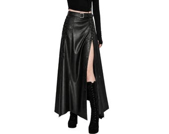 Gothic Punk Schwarz Leder Maxi Rock: Schnürung Schnalle Cyber Rave Festival Alternative Mode