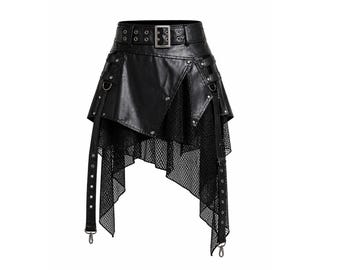 Frauen Schwarz Gothic Lederrock mit Schnalle und Mesh Punk Grunge Outfit Alternative Mode