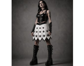 Frauen Gothic Leder Falten Stern Print Minirock Alt Kleidung Rave Festival Outfit