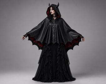 Women Gothic Medieval Black Hooded Cape Halloween Bat Wing Cloak for Dark Academia