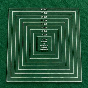May include: A clear acrylic square template featuring nested square outlines ranging from 2 inches to 10 inches in outside diameter. The centre includes the text 2 inch O.D. SQUARE TEMPLATES OUTSIDE DIAMETER, with each subsequent square labelled accordingly.