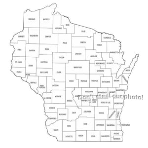Fichiers SVG, contour des comtés du Wisconsin, fichiers Silhouette, couper des fichiers, fichiers vectoriels, carte de l'État Clip Art