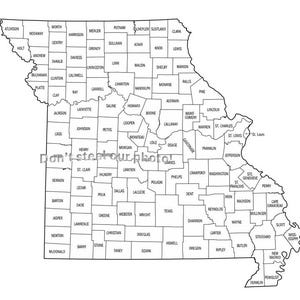 Fichiers SVG, contour des comtés du Missouri, fichiers Silhouette, couper des fichiers, fichiers vectoriels, carte de l'État Clip Art
