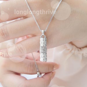 Vintage-Inspired Silver Cylinder Pendant Necklace, Intricate Filigree Design, Unique Statement Jewelry, Boho Gift for Her, Minimalist Chain.