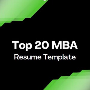 May include: A digital graphic featuring a black background with bright green geometric corner accents. The text Top 20 MBA Resume Template is displayed in a bold white sans-serif font centered in the middle of the image.